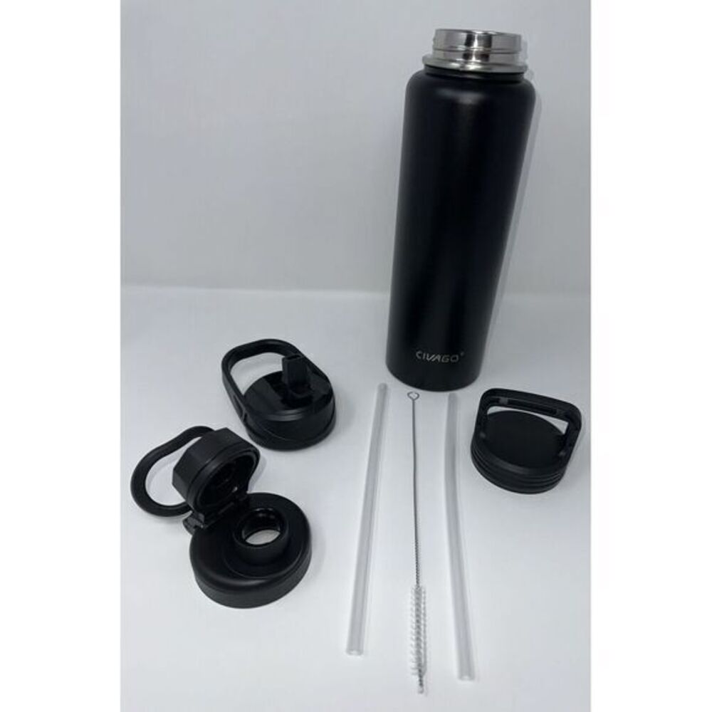 Civago Stainless Steel Water Bottle 40oz‎ Midnight Black W/Three Different Lids